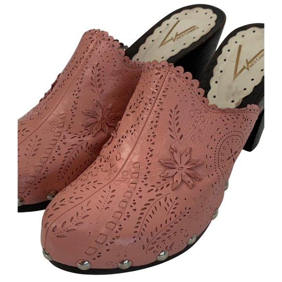 9B Vince Camuto Pink Leather Studded Clogs Mules Wooden Heels Floral Cutout - Picture 12 of 13